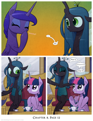 Size: 1200x1552 | Tagged: safe, artist:deusexequus, imported from derpibooru, princess luna, queen chrysalis, twilight sparkle, alicorn, changeling, changeling queen, pony, comic:fix, adorkable, clapping, comic, cute, dork, eeee, eyes closed, fangs, female, frown, grin, happy, heh, mare, open mouth, sitting, smiling, sparkly eyes, speech bubble, trio, trio female, twiabetes, twilight sparkle (alicorn), wingding eyes