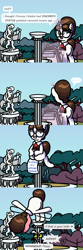 Size: 1600x4800 | Tagged: safe, artist:pony4koma, imported from derpibooru, discord, raven, draconequus, pony, unicorn, blushing, canterlot, canterlot castle, canterlot gardens, chaos star, comic, cute, dialogue in the description, discord statue, disembodied eyes, glasses, hair bun, imminent petrification, majestic as fuck, makeup, necktie, paperwork, pedestal, pose, screaming, secretary, sitting, smiling, speech bubble, statue, taxes, thinking, waving