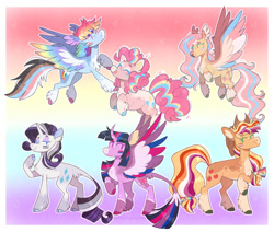 Size: 1280x1083 | Tagged: safe, artist:wanderingpegasus, imported from derpibooru, applejack, fluttershy, pinkie pie, rainbow dash, rarity, twilight sparkle, alicorn, pegasus, pony, unicorn, alternate hairstyle, applejack's hat, asexual, asexual pride flag, bisexual pride flag, butt, cowboy hat, curved horn, eyes closed, eyeshadow, face paint, female, flying, freckles, gay pride flag, hat, horn, leonine tail, lesbian pride flag, makeup, mane six, mare, markings, one eye closed, pansexual, pansexual pride flag, plot, pride, pride flag, pride month, redesign, tail, trans female, transgender, transgender pride flag, twilight sparkle (alicorn), unshorn fetlocks, wink