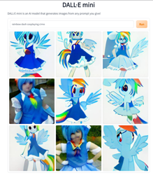 Size: 826x942 | Tagged: safe, imported from derpibooru, rainbow dash, human, pegasus, pony, ai content, ai generated, anime, cirno, clothes, cosplay, costume, crossover, dress, female, generator:craiyon, humanized, mare, rainbow dash always dresses in style, touhou, winged humanization, wings