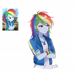 Size: 2240x2224 | Tagged: safe, artist:hikari_aoq, imported from derpibooru, screencap, rainbow dash, human, equestria girls, crossed arms, cute, dashabetes, eyebrows, eyebrows visible through hair, female, geode of super speed, high res, magical geodes, scene interpretation, screencap reference, signature, simple background, smiling, solo, white background