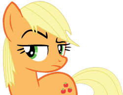 Size: 884x686 | Tagged: safe, artist:kingbases, artist:twilyisbestpone, imported from derpibooru, applejack, earth pony, pony, alternate hairstyle, applejack is not amused, base used, female, frown, looking at something, mare, missing accessory, raised eyebrow, simple background, solo, transparent background, unamused