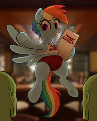 Size: 3297x4096 | Tagged: safe, alternate version, artist:_ton618_, imported from derpibooru, rainbow dash, oc, oc:anon, human, pegasus, pony, armpits, clothes, eyebrows, eyebrows visible through hair, female, female focus, flying, high res, hostess, human male, human oc, male, mare, open mouth, open smile, outback steakhouse, restaurant, short hair, shorts, smiling, solo focus, spread wings, tanktop, textless version, tomboy, tomboy outback, trio, wings