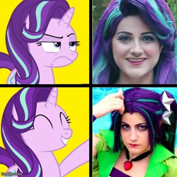 Size: 500x500 | Tagged: safe, artist:sarahndipity cosplay, imported from derpibooru, aria blaze, starlight glimmer, human, equestria girls, mirror magic, rainbow rocks, school raze, spoiler:eqg specials, 2015, 2019, clothes, cosplay, costume, everfree northwest 2019, irl, irl human, photo, starlight glimmer is not amused, unamused