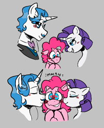 Size: 394x485 | Tagged: safe, fancypants, pinkie pie, rarity, aggie.io, blushing, blushing profusely, clothes, comic, floppy ears, flustered, heart eyes, kiss on the cheek, kissing, lowres, onomatopoeia, simple background, wingding eyes