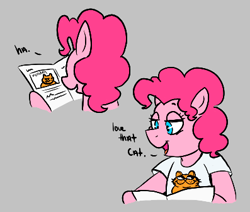 Size: 397x336 | Tagged: safe, pinkie pie, aggie.io, clothes, comic, dialogue, garfield, lowres, shirt, simple background, solo