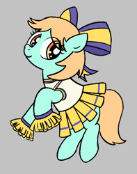 Size: 331x421 | Tagged: safe, artist:algoatall, peach fuzz, earth pony, pony, aggie.io, bow, cheering, cheerleader, cheerleader outfit, clothes, female, filly, gray background, lowres, pleated skirt, pom pom, simple background, skirt, smiling, solo