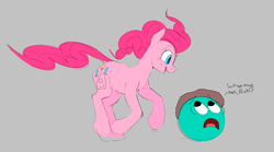 Size: 1208x672 | Tagged: safe, artist:hattsy, artist:realdash, edit, pinkie pie, aggie.io, ball, exercise ball, horses doing horse things, lowres, morty smith, playing, ponified animal video, rick and morty, running, simple background, smiling, solo, speech bubble