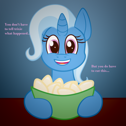 Size: 2048x2046 | Tagged: safe, artist:xppp1n, imported from ponybooru, trixie, unicorn, bowl, dialogue, egg, female, food, looking at you, mare, simple background, solo