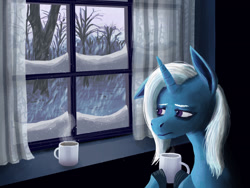 Size: 1600x1200 | Tagged: safe, alternate version, artist:necromarecy, imported from derpibooru, trixie, pony, unicorn, cup, looking out the window, mug, sad, snow, solo, tree, window, winter