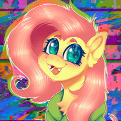 Size: 2048x2048 | Tagged: safe, artist:yumkandie, edit, editor:edits of hate, imported from twibooru, fluttershy, pegasus, pony, blushing, bust, chest fluff, clothes, cute, cute little fangs, fangs, hoodie, image, needs more jpeg, open mouth, open smile, portrait, solo