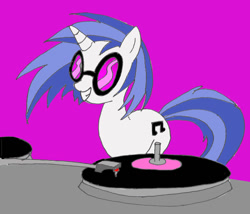 Size: 1125x964 | Tagged: safe, artist:trey-vore, imported from derpibooru, dj pon-3, vinyl scratch, pony, unicorn, disc jockey, female, mare, purple background, record, simple background, smiling, solo, turntable