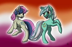 Size: 2398x1593 | Tagged: safe, artist:ryleidragon, imported from derpibooru, bon bon, lyra heartstrings, sweetie drops, earth pony, pony, unicorn, duo, female, lesbian, lesbian pride flag, lyrabon, pride, pride flag, shipping