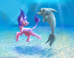 Size: 997x780 | Tagged: safe, artist:christmaslolly, imported from derpibooru, sea swirl, seafoam, classical unicorn, dolphin, unicorn, bubble, cloven hooves, leonine tail, seaswirl the sea explorer, tail, underwater, unshorn fetlocks