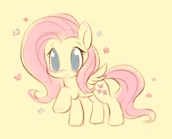 Size: 1330x1077 | Tagged: safe, artist:tamabel, imported from derpibooru, fluttershy, butterfly, pegasus, pony, chibi, cute, female, mare, no pupils, shyabetes, simple background, solo, yellow background