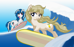 Size: 671x429 | Tagged: safe, artist:mscherbear, imported from derpibooru, oc, oc only, oc:mission belle, oc:silver strand, earth pony, pony, unicorn, 2016, earth pony oc, female, horn, mare, surfboard, surfing, unicorn oc