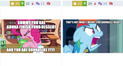 Size: 603x326 | Tagged: safe, imported from derpibooru, gummy, pinkie pie, rainbow dash, pony, derpibooru, dying for pie, juxtaposition, juxtaposition win, meme, meta, spongebob squarepants, yelling