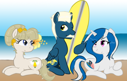 Size: 668x428 | Tagged: safe, artist:mscherbear, imported from derpibooru, oc, oc only, oc:mission belle, oc:rockwell, oc:silver strand, earth pony, pegasus, pony, unicorn, 2017, beach, earth pony oc, female, horn, male, mare, pegasus oc, stallion, surfboard, unicorn oc