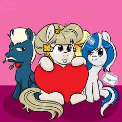 Size: 900x900 | Tagged: safe, artist:mscherbear, imported from derpibooru, oc, oc only, oc:mission belle, oc:rockwell, oc:silver strand, earth pony, pegasus, pony, unicorn, 2018, earth pony oc, flower, heart, horn, pegasus oc, rose, unicorn oc