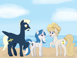 Size: 2809x2134 | Tagged: safe, artist:maddymoiselle, imported from derpibooru, oc, oc only, oc:mission belle, oc:rockwell, oc:silver strand, earth pony, pegasus, pony, unicorn, 2017, beach, earth pony oc, facial hair, female, high res, horn, male, mare, moustache, pegasus oc, raised hoof, stallion, trio, unicorn oc