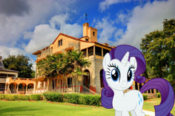 Size: 2802x1865 | Tagged: safe, artist:dashiesparkle, artist:mlplover94, imported from derpibooru, rarity, pony, unicorn, female, florida, high res, house, irl, looking at you, mare, miami, photo, ponies in real life, smiling, solo