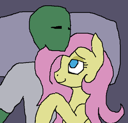 Size: 508x487 | Tagged: safe, artist:swegmeiser, imported from derpibooru, fluttershy, oc, oc:anon, human, pony, 1000 hours in ms paint, bed, human on pony snuggling, snuggling