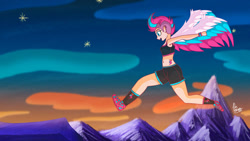 Size: 1024x576 | Tagged: safe, artist:alevargasmx, imported from derpibooru, zipp storm, human, belly button, clothes, colored wings, cutie mark on human, eyebrows, female, g5, humanized, jumping, mountain, multicolored wings, open mouth, shorts, signature, solo, sports bra, sports shorts, spread wings, winged humanization, wings