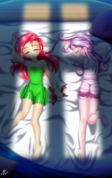 Size: 1969x3116 | Tagged: safe, artist:mauroz, imported from derpibooru, apple bloom, sweetie belle, human, anime, ass, barefoot, bed, breasts, butt, clothes, duo, eyes closed, feet, female, humanized, nightgown, pajamas, prone, sleeping, sleepover, slumber party