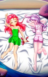 Size: 1969x3116 | Tagged: safe, alternate version, artist:mauroz, imported from derpibooru, apple bloom, sweetie belle, human, anime, ass, barefoot, bed, breasts, butt, clothes, delicious flat chest, duo, duo female, eyes closed, feet, female, humanized, nightgown, pajamas, prone, sleeping, sleepover, slumber party, sweetie butt