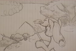 Size: 2266x1537 | Tagged: safe, artist:yidwags, imported from derpibooru, applejack, earth pony, pony, facing away, fishing, fishing rod, lined paper, monochrome, requested art, river, scenery, smiling, solo, traditional art, water