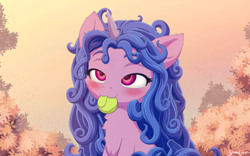 Size: 824x515 | Tagged: safe, artist:symbianl, artist:szafir87, imported from derpibooru, izzy moonbow, pony, unicorn, ambiguous facial structure, ball, bedroom eyes, blushing, chest fluff, cute, female, g5, izzy's tennis ball, mare, messy mane, mid-blink screencap, mouth hold, nom, tennis ball, that pony sure does love tennis balls
