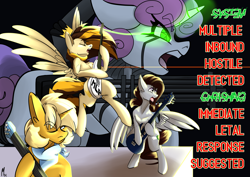 Size: 4961x3508 | Tagged: safe, artist:mekblue, imported from derpibooru, sweetie belle, oc, oc:blackened blue, oc:deus, oc:prince whateverer, pegasus, robot, unicorn, enemy undefined (destabilize pt. 3), eponafest, horn, laser pointer, lyrics, magic, metal, minigun, misspelling, pegasus oc, playing guitar, playing instrument, singing, sweetie bot, text, unicorn oc