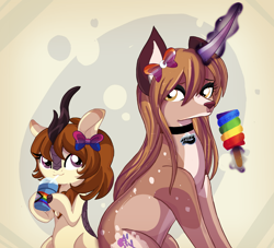 Size: 2674x2426 | Tagged: safe, artist:spookyle, imported from derpibooru, oc, oc only, oc:alwina, oc:pumpkin spell, deer, deer pony, kirin, original species, magic, pride flag