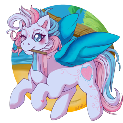 Size: 1600x1600 | Tagged: safe, artist:cinnamonsparx, imported from derpibooru, star catcher, pegasus, pony, colored wings, g3, mouth hold, pride flag, solo, wings