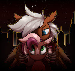 Size: 2635x2499 | Tagged: safe, artist:luxsimx, imported from derpibooru, oc, oc only, oc:serenity nonpareil, oc:terram, hippogriff, hybrid, pony, city, cityscape, female, male, talons