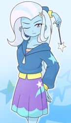 Size: 740x1280 | Tagged: safe, artist:batipin, imported from derpibooru, trixie, human, equestria girls, arm behind head, clothes, female, jacket, looking at you, magic wand, one eye closed, skirt, solo, wink, winking at you