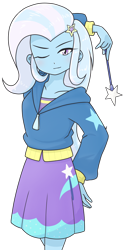 Size: 640x1280 | Tagged: safe, artist:batipin, imported from derpibooru, trixie, human, equestria girls, arm behind head, clothes, female, jacket, looking at you, magic wand, one eye closed, simple background, skirt, solo, transparent background, wink, winking at you