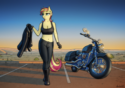 Size: 3508x2480 | Tagged: safe, artist:apocheck13, imported from derpibooru, sunset shimmer, anthro, unicorn, belly button, biker, breasts, clothes, female, jacket, leather jacket, midriff, motorcycle, pants, reasonably sized breasts, solo, sports bra