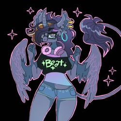 Size: 1134x1134 | Tagged: safe, artist:batthsalts, imported from derpibooru, oc, oc only, oc:dubstep growl, alicorn, anthro, alicorn oc, clothes, curved horn, daisy dukes, ear fluff, ear piercing, earring, glasses, headphones, hooped earrings, horn, jeans, jewelry, leonine tail, looking at you, midriff, pants, piercing, shirt, shorts, smiling, solo, sparkles, spread wings, tail, tanktop, wings