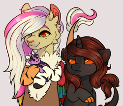 Size: 2143x1851 | Tagged: safe, artist:highrolleryt, imported from derpibooru, oc, draconequus, pony, unicorn, chest fluff, draconequus oc, duo, ear fluff, gray background, horn, plushie, simple background, unicorn oc