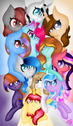 Size: 750x1280 | Tagged: safe, artist:prettyshinegp, imported from derpibooru, oc, oc only, earth pony, pony, unicorn, abstract background, earth pony oc, female, group, horn, mare, signature, smiling, unicorn oc