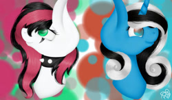 Size: 1280x750 | Tagged: safe, artist:prettyshinegp, imported from derpibooru, oc, oc only, oc:emala jiss, oc:miss s, pony, unicorn, abstract background, choker, duo, female, horn, mare, signature, smiling, spiked choker, unicorn oc