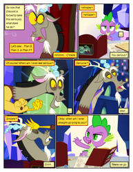 Size: 612x792 | Tagged: safe, artist:newbiespud, edit, edited screencap, imported from derpibooru, screencap, discord, spike, draconequus, dragon, comic:friendship is dragons, the return of harmony, what about discord?, book, comic, dialogue, male, screencap comic, smiling