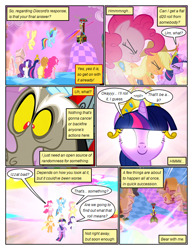 Size: 612x792 | Tagged: safe, artist:newbiespud, edit, edited screencap, imported from derpibooru, screencap, applejack, discord, fluttershy, pinkie pie, rainbow dash, rarity, twilight sparkle, draconequus, earth pony, pegasus, pony, unicorn, comic:friendship is dragons, the return of harmony, comic, dialogue, element of magic, eyes closed, female, flying, glowing, glowing eyes, male, mane six, mare, screencap comic, unicorn twilight