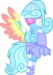 Size: 909x1277 | Tagged: safe, artist:tanahgrogot, imported from derpibooru, oc, oc only, oc:jeremy sparkle, alicorn, pony, alicorn oc, arms in the air, ballerina, ballet, ballet slippers, bipedal, clothes, colored wings, dancing ballet, en pointe, horn, multicolored wings, rainbow wings, simple background, solo, transparent background, tutu, tututiful, wings