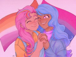 Size: 2048x1536 | Tagged: safe, artist:latiatonta, imported from derpibooru, izzy moonbow, sunny starscout, human, bisexual pride flag, dark skin, eyes closed, female, g5, holding hands, humanized, lesbian, lesbian pride flag, pride, pride flag, pride month