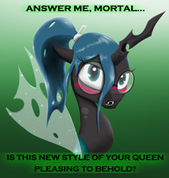 Size: 2200x2321 | Tagged: safe, artist:chopsticks, imported from derpibooru, queen chrysalis, changeling, changeling queen, alternate hairstyle, blushing, bone, cute, cutealis, dialogue, dork, dorkalis, fangs, female, glasses, looking at you, ponytail, solo, sparkly wings, talking to viewer, text, wings