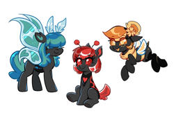 Size: 4138x2865 | Tagged: safe, artist:confetticakez, imported from derpibooru, oc, oc only, oc:honey pot, oc:love bug, oc:moon bright, bee, beeling, changeling, insect, moth, mothling, original species, blue changeling, changeling oc, cute, cuteling, ladybug changeling, red changeling, simple background, white background, yellow changeling