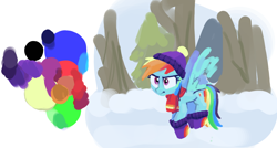 Size: 1100x590 | Tagged: safe, artist:plunger, imported from derpibooru, rainbow dash, pegasus, pony, best gift ever, angry, boots, clothes, female, flying, hat, looking at something, mare, scarf, shoes, snow, socks, solo, spread wings, tree, wings, winter outfit