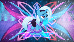 Size: 5120x2880 | Tagged: safe, artist:anime-equestria, artist:laszlvfx, edit, imported from derpibooru, trixie, pony, unicorn, 80s, alternate hairstyle, clothes, female, headband, horn, leg warmers, lidded eyes, mare, shorts, smiling, solo, vector, wallpaper, wallpaper edit, workout outfit